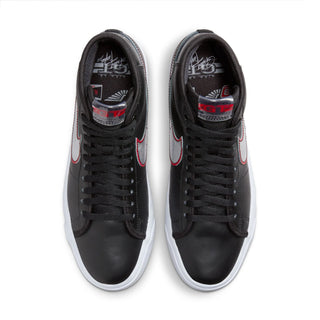 Nike SB Zoom Blazer Mid Pro GT, black with metallic silver and university red accents, leather upper, herringbone pattern sole.