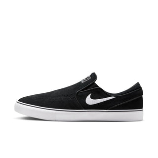 Nike SB Janoski+ Slip Shoes in Black/White, suede upper, Zoom Air cushioning, skate-specific tread.