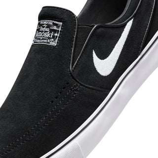 Nike SB Janoski+ Slip Shoes in Black/White, suede upper, Zoom Air cushioning, skate-specific tread.