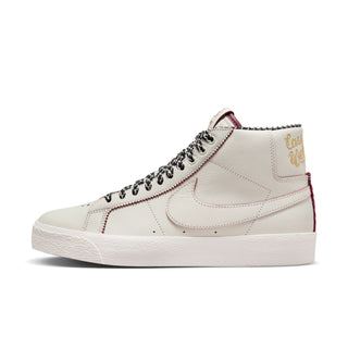 Nike SB Zoom Blazer Mid x Welcome Skateboarding sneakers with houndstooth trim and braided leather details.