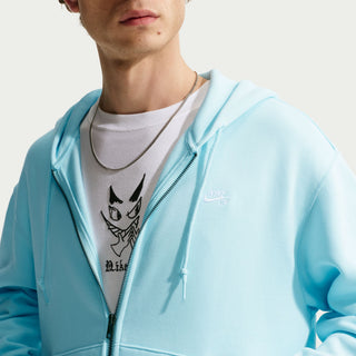 Glacier blue Nike SB full-zip fleece hoodie with embroidered chest logo, roomy fit, and white accents.