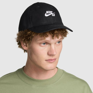 Nike SB Skate Club Cap in Black, cotton twill, six-panel, unstructured, adjustable back, embroidered eyelets.