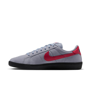 Lateral side view of Nike SB Tennis Classic in Stealth/Gym Red-Black featuring grey suede, red Swoosh and black sole.