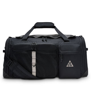 Nike ACG DAYMAX Duffel Bag in Black/College Grey with black carry handles, grey webbing straps, a front zippered pocket, and a small ACG logo
