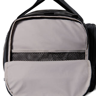 Nike ACG DAYMAX Duffel Bag in Black/College Grey with black carry handles, grey webbing straps, a front zippered pocket, and a small ACG logo
