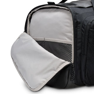 Nike ACG DAYMAX Duffel Bag in Black/College Grey with black carry handles, grey webbing straps, a front zippered pocket, and a small ACG logo