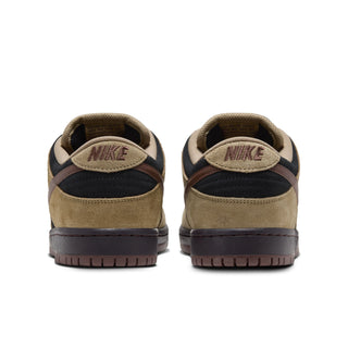 Nike SB Dunk Low Pro Filbert in side view with tan overlays, black panels, a brown Swoosh and laces, and a dark brown sole