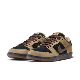 Nike SB Dunk Low Pro Filbert in side view with tan overlays, black panels, a brown Swoosh and laces, and a dark brown sole