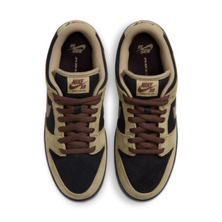 Nike SB Dunk Low Pro Filbert in side view with tan overlays, black panels, a brown Swoosh and laces, and a dark brown sole