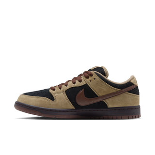 Nike SB Dunk Low Pro Filbert in side view with tan overlays, black panels, a brown Swoosh and laces, and a dark brown sole
