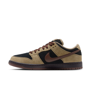 Nike SB Dunk Low Pro Filbert in side view with tan overlays, black panels, a brown Swoosh and laces, and a dark brown sole