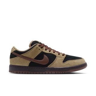 Nike SB Dunk Low Pro Filbert in side view with tan overlays, black panels, a brown Swoosh and laces, and a dark brown sole