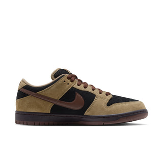 Nike SB Dunk Low Pro Filbert in side view with tan overlays, black panels, a brown Swoosh and laces, and a dark brown sole
