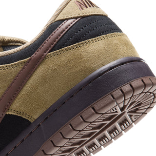 Nike SB Dunk Low Pro Filbert in side view with tan overlays, black panels, a brown Swoosh and laces, and a dark brown sole