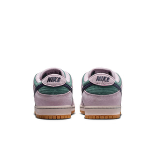 Nike SB Dunk Low Pro skate shoes in Mineral Slate/Dark Raisin, premium leather upper with Air Zoom cushioning, padded collar, foam midsole, and rubber outsole with classic pivot circle
