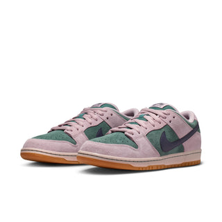 Nike SB Dunk Low Pro skate shoes in Mineral Slate/Dark Raisin, premium leather upper with Air Zoom cushioning, padded collar, foam midsole, and rubber outsole with classic pivot circle