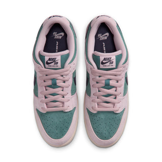 Nike SB Dunk Low Pro skate shoes in Mineral Slate/Dark Raisin, premium leather upper with Air Zoom cushioning, padded collar, foam midsole, and rubber outsole with classic pivot circle