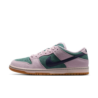Nike SB Dunk Low Pro skate shoes in Mineral Slate/Dark Raisin, premium leather upper with Air Zoom cushioning, padded collar, foam midsole, and rubber outsole with classic pivot circle