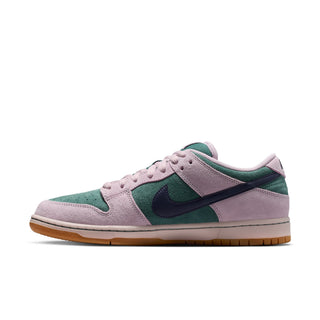 Nike SB Dunk Low Pro skate shoes in Mineral Slate/Dark Raisin, premium leather upper with Air Zoom cushioning, padded collar, foam midsole, and rubber outsole with classic pivot circle