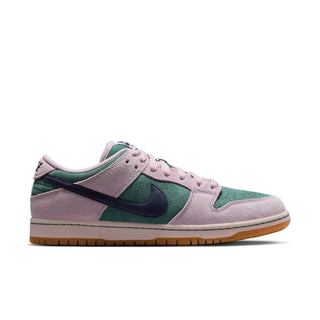 Nike SB Dunk Low Pro skate shoes in Mineral Slate/Dark Raisin, premium leather upper with Air Zoom cushioning, padded collar, foam midsole, and rubber outsole with classic pivot circle