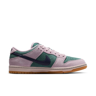 Nike SB Dunk Low Pro skate shoes in Mineral Slate/Dark Raisin, premium leather upper with Air Zoom cushioning, padded collar, foam midsole, and rubber outsole with classic pivot circle