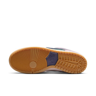 Nike SB Dunk Low Pro skate shoes in Mineral Slate/Dark Raisin, premium leather upper with Air Zoom cushioning, padded collar, foam midsole, and rubber outsole with classic pivot circle