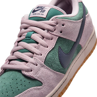 Nike SB Dunk Low Pro skate shoes in Mineral Slate/Dark Raisin, premium leather upper with Air Zoom cushioning, padded collar, foam midsole, and rubber outsole with classic pivot circle