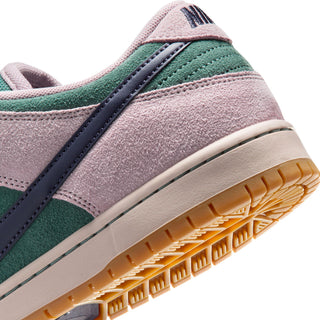 Nike SB Dunk Low Pro skate shoes in Mineral Slate/Dark Raisin, premium leather upper with Air Zoom cushioning, padded collar, foam midsole, and rubber outsole with classic pivot circle