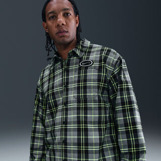Nike SB AM 95 Eric Koston Skate Flannel Dark Smoke Grey Volt with reflective Swoosh and loose fit skate design.