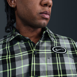 Nike SB AM 95 Eric Koston Skate Flannel Dark Smoke Grey Volt with reflective Swoosh and loose fit skate design.