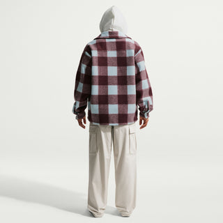 Glacier blue Nike SB skate shirt jacket with burgundy accents, oversized fit, dropped shoulders, and embroidered chest logo.