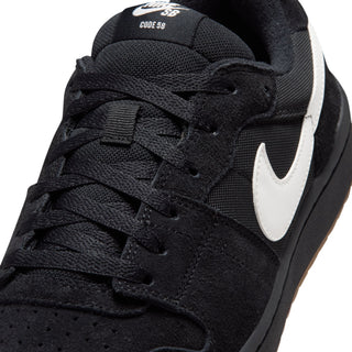 Nike SB Code 58 in Black/Summit White — '80s basketball-inspired, suede and mesh upper, cupsole construction, rubber pivot circle outsole, inner gore straps