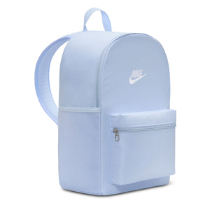 Nike SB Heritage Backpack 2.0 in Hydrogen Blue/White, spacious main compartment with 15 inch laptop sleeve, two zippered pockets, grab-and-go side pocket, padded adjustable shoulder straps, hardware ring, and embroidered Nike logo