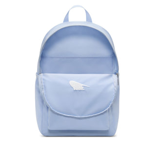 Nike SB Heritage Backpack 2.0 in Hydrogen Blue/White, spacious main compartment with 15 inch laptop sleeve, two zippered pockets, grab-and-go side pocket, padded adjustable shoulder straps, hardware ring, and embroidered Nike logo