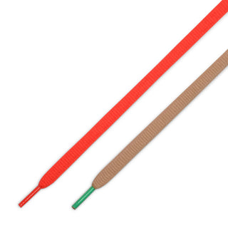 Two shoelaces, one red and one brown with a green tag, on a white background.