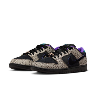 Nike SB Dunk Low Dashawn Jordan colorway with faux snakeskin upper, purple and turquoise accents, and copper lace dubrae.