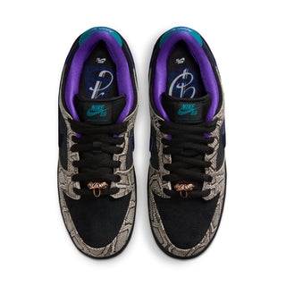 Nike SB Dunk Low Dashawn Jordan colorway with faux snakeskin upper, purple and turquoise accents, and copper lace dubrae.