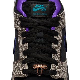 Nike SB Dunk Low Dashawn Jordan colorway with faux snakeskin upper, purple and turquoise accents, and copper lace dubrae.