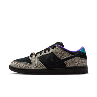 Nike SB Dunk Low Dashawn Jordan colorway with faux snakeskin upper, purple and turquoise accents, and copper lace dubrae.