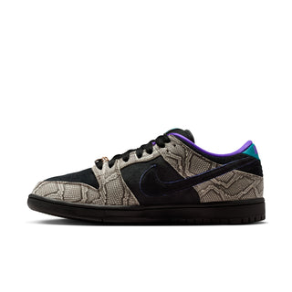 Nike SB Dunk Low Dashawn Jordan colorway with faux snakeskin upper, purple and turquoise accents, and copper lace dubrae.
