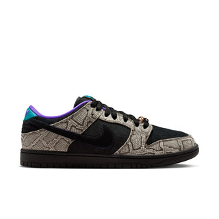Nike SB Dunk Low Dashawn Jordan colorway with faux snakeskin upper, purple and turquoise accents, and copper lace dubrae.