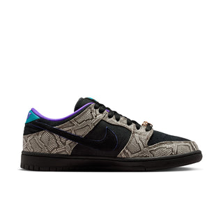 Nike SB Dunk Low Dashawn Jordan colorway with faux snakeskin upper, purple and turquoise accents, and copper lace dubrae.