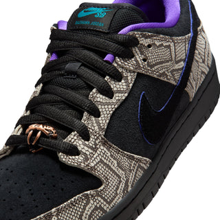 Nike SB Dunk Low Dashawn Jordan colorway with faux snakeskin upper, purple and turquoise accents, and copper lace dubrae.