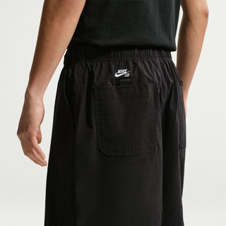 Nike SB Skate Shorts in Black/White — sweat-wicking nylon-spandex blend with roomy skate fit, elastic canvas belt waistband, and hook-and-loop back pockets.

