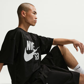 Nike SB Skate Shorts in Black/White — sweat-wicking nylon-spandex blend with roomy skate fit, elastic canvas belt waistband, and hook-and-loop back pockets.

