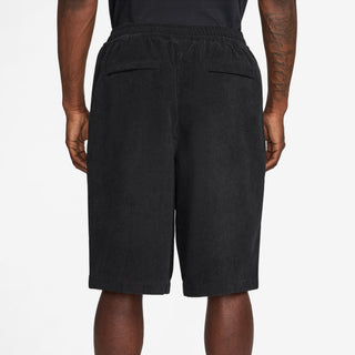 Nike SB Corduroy Skate Shorts in Black/White, midweight corduroy with 5 pockets including zip pocket, elastic drawcord waistband, and Nike SB embroidery and flag label