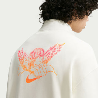 Person wearing a white jacket with a colorful angel design on the back