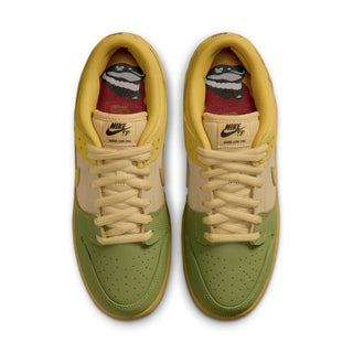 A pair of Nike Air Force 1 Low Pro sneakers shown from a top-down view. The shoes feature a sage green leather upper, cream-colored overlays and laces, a yellow collar and midsole, and a red and black graphic print on the inner lining.