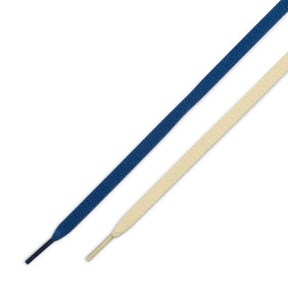 Pair of blue and beige shoelaces on a white background