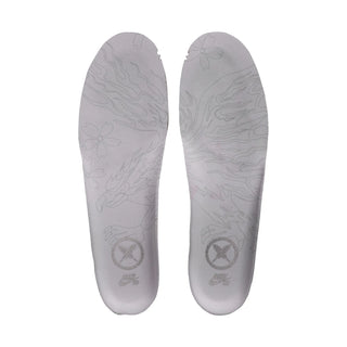 A pair of white custom insoles with light gray topographic line art and floral patterns, featuring a circular logo near the heel, shown against a plain white background.